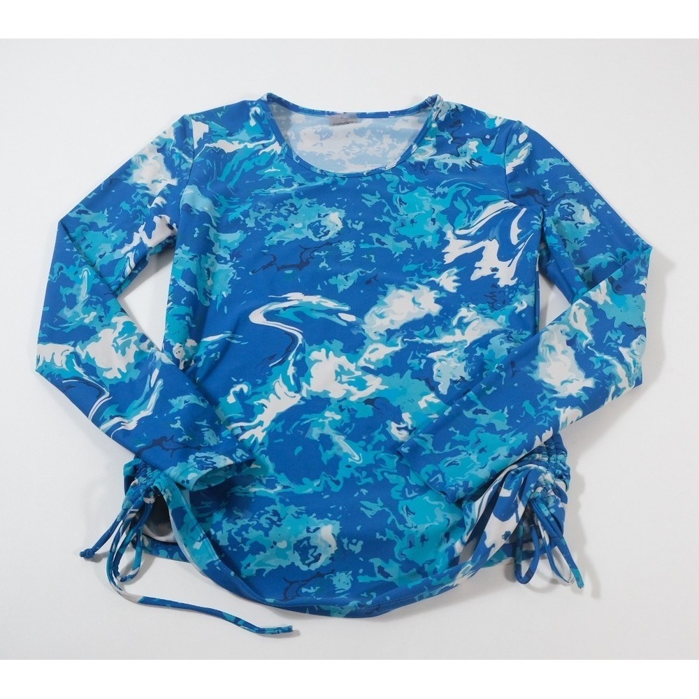 ModLi‎ Rash Guard Women Small Blue Abstract Long Sleeve Cinched Swim Top